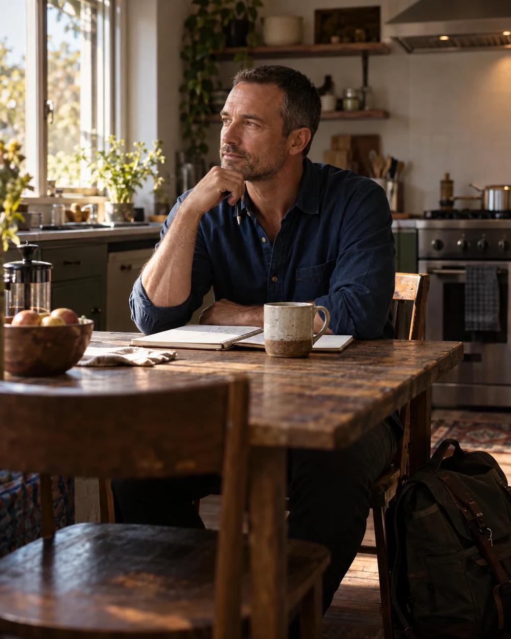 An AI-generated editorial portrait of fictional Daniel with a notebook at a kitchen table before work.