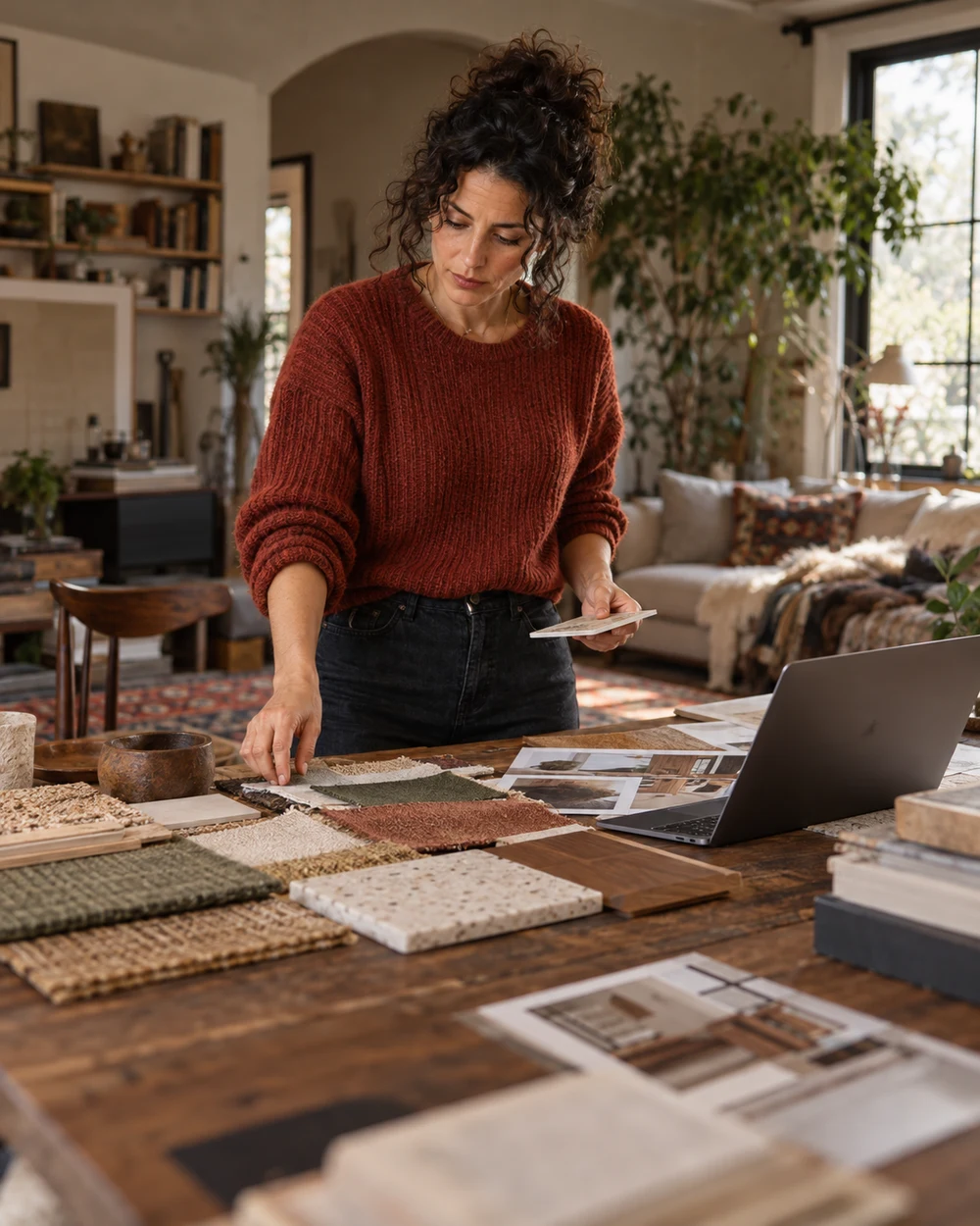 An AI-generated editorial portrait of fictional Maya at a home design table.
